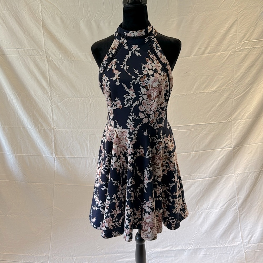 B Darlin Juniors' Printed Mock-Neck Crochet-Trim Fit & Flare Dress